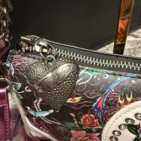 Ed Hardy Pink Floral Skull Accent Baguette Bag with crossbody - Picture 3 of 10